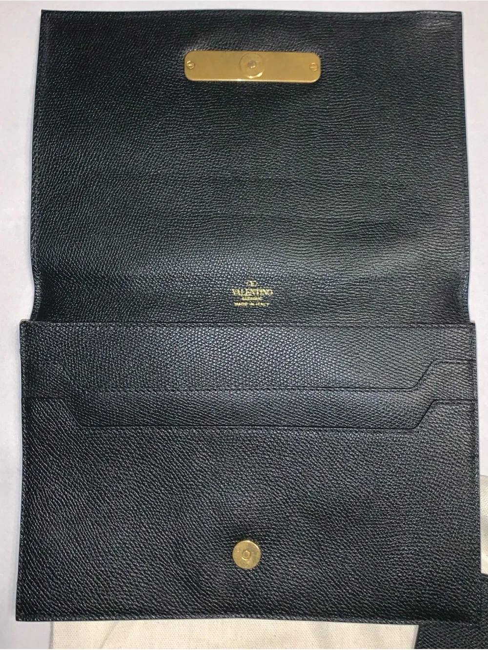 Valentino Black Textured Leather Clutch with Gold V Logo and Zip Pouch
